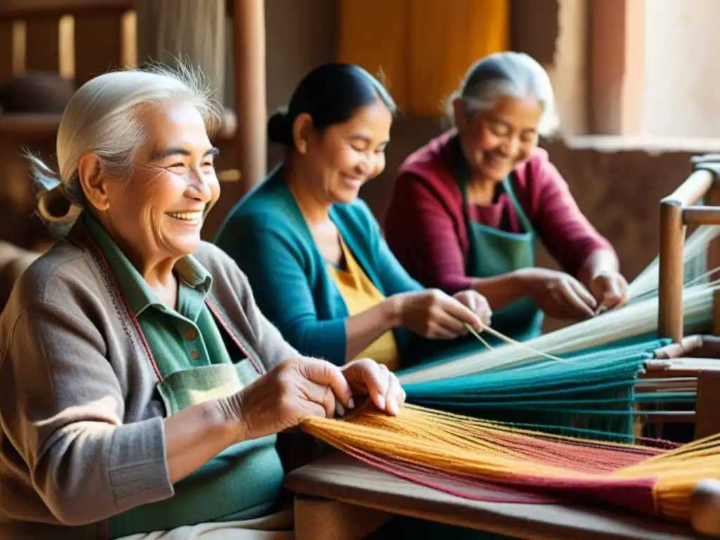 Un grupo de artesanos de la tercera edad tejen juntos en una habitación cálida y soleada, rodeados de hilos de colores y telares