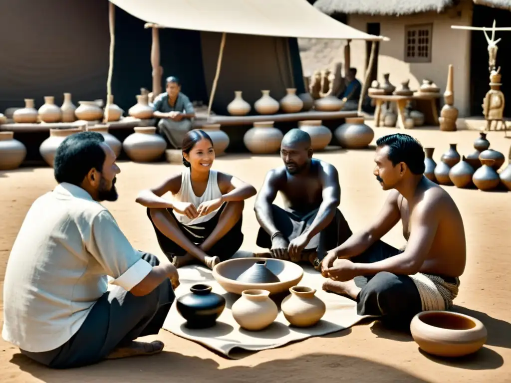 Grupo de artesanos tradicionales en animada conversación en un mercado, rodeados de sus creaciones artesanales