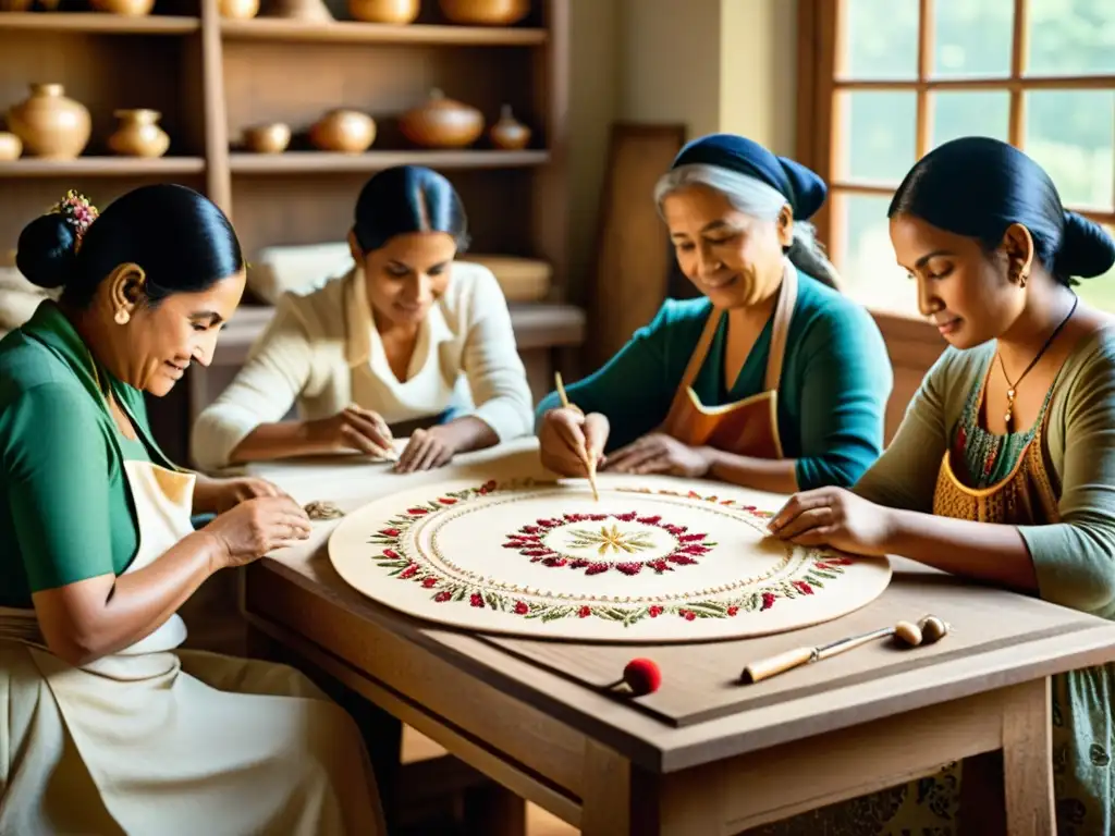 Un grupo de artesanos tradicionales se reúnen alrededor de una mesa de trabajo, creando y compartiendo en una atmósfera cálida y colaborativa