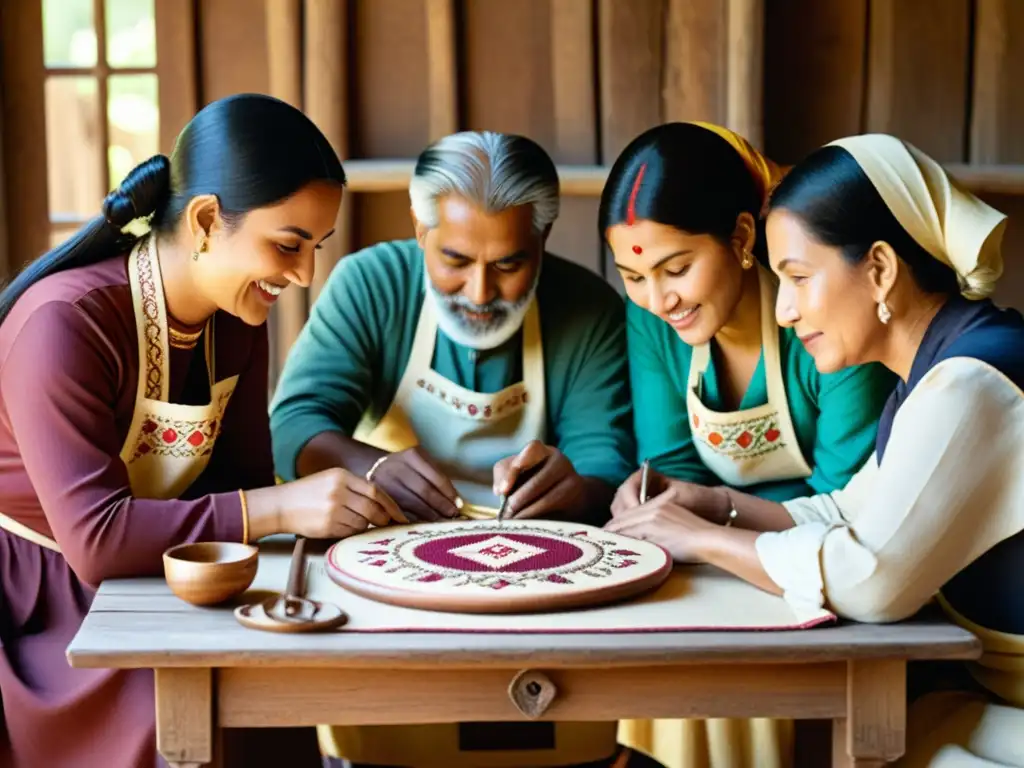 Grupo de artesanos tradicionales trabajando en una mesa de madera con una cálida iluminación natural