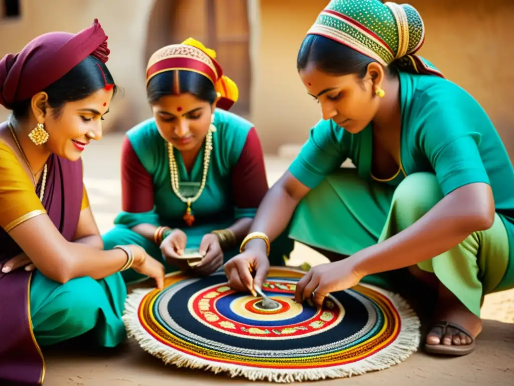 Un grupo de artesanos tradicionales se reúne alrededor de una pieza artesanal intrincada en una fotografía de estilo vintage