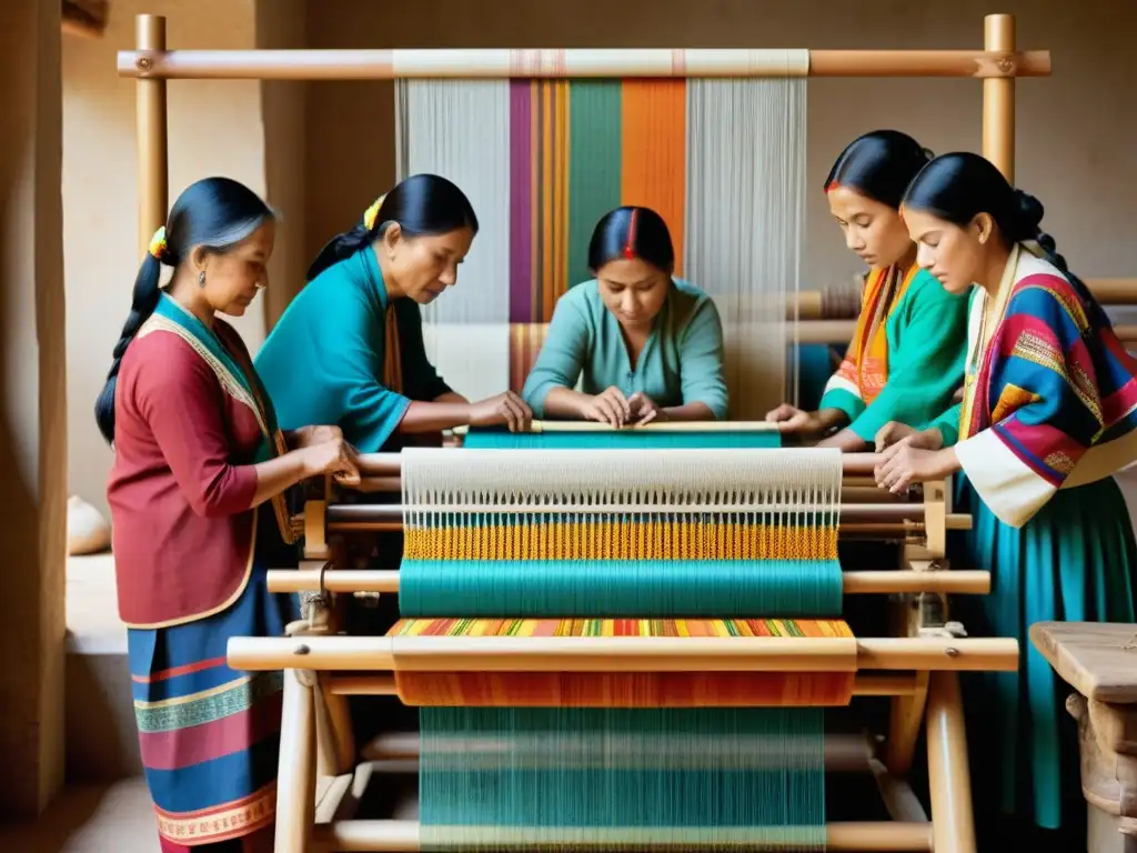 Un grupo de artesanos tradicionales tejiendo textiles coloridos en un telar, evocando la herencia y la artesanía tradicional