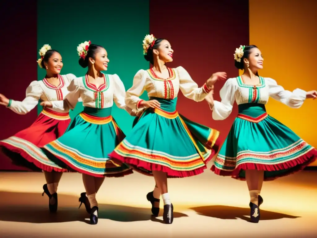 Grupo de bailarines en trajes folclóricos, con movimientos dinámicos y colores vibrantes, evocando la pasión y gracia de la danza folclórica