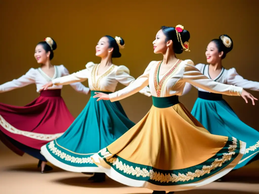 Grupo de bailarines en trajes folclóricos, girando con gracia en cálida luz dorada