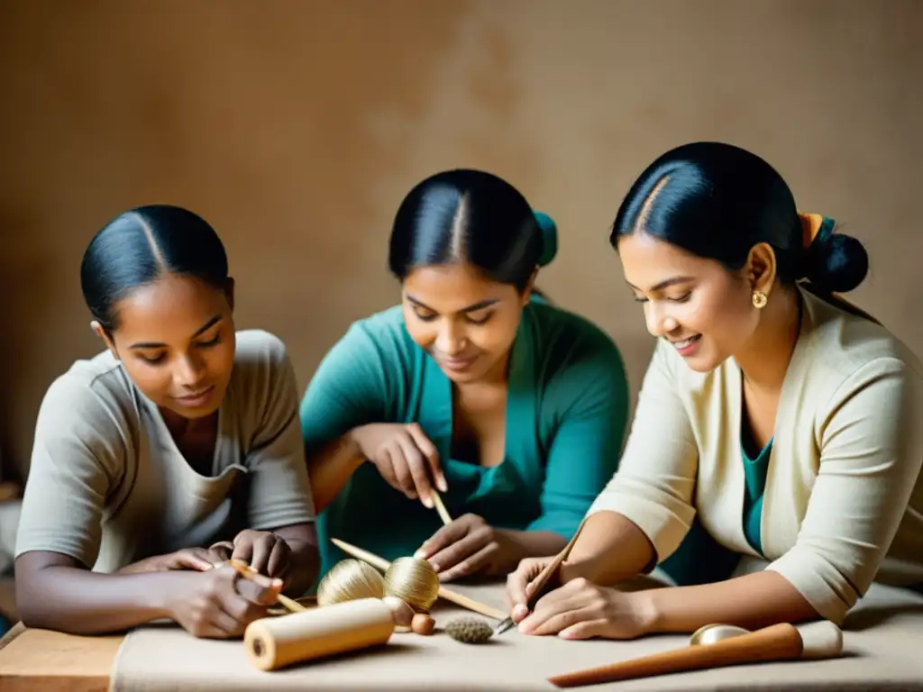 Grupo diverso de artesanos trabajando juntos en sus oficios tradicionales, mostrando la artesanía global