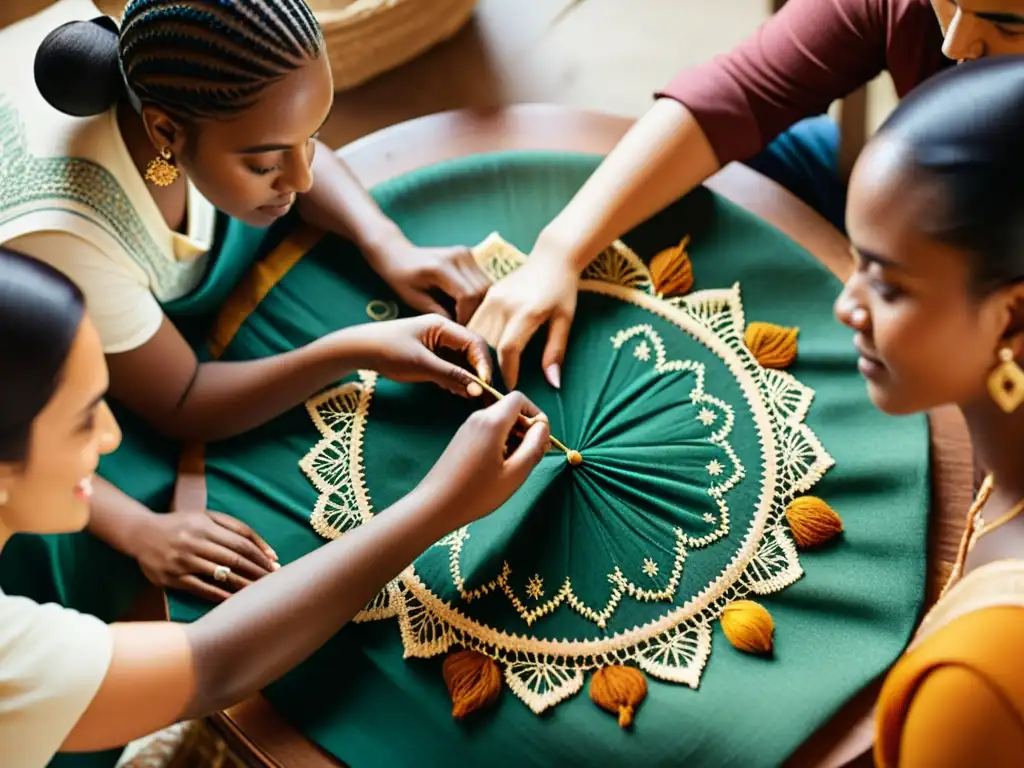 Grupo diverso de artesanos bordando patrones intrincados en tela, evocando nostalgia y artesanía digital inclusiva