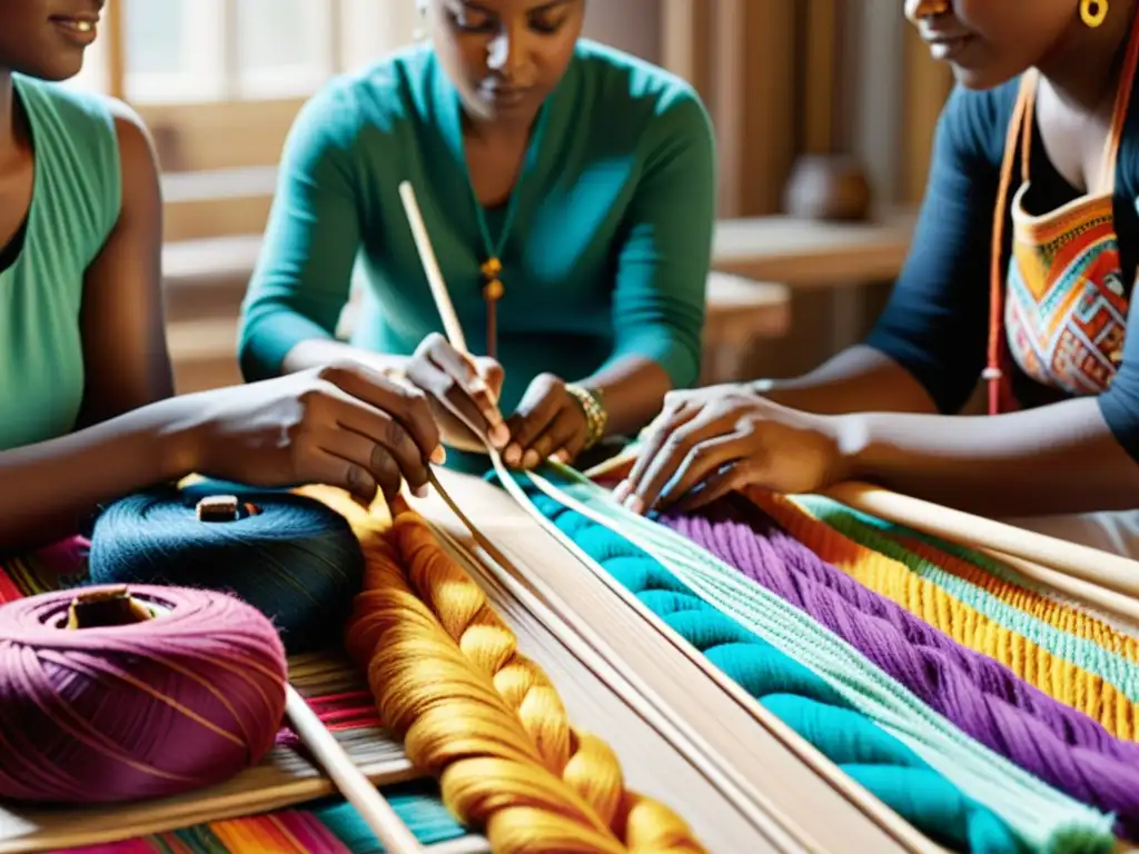 Grupo diverso de artesanos trabajando en un proyecto textil inclusivo, rodeados de colores y herramientas de tejido digital