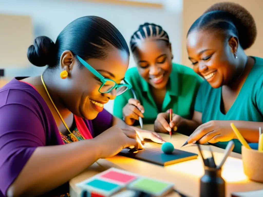 Grupo diverso de artistas con discapacidad creando artesanía digital inclusiva con pasión en un estudio luminoso, reflejando alegría y determinación