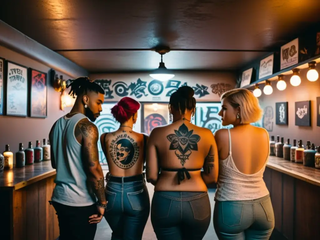 Un grupo diverso con elaborados tatuajes comparten historias en un tatuaje subterráneo