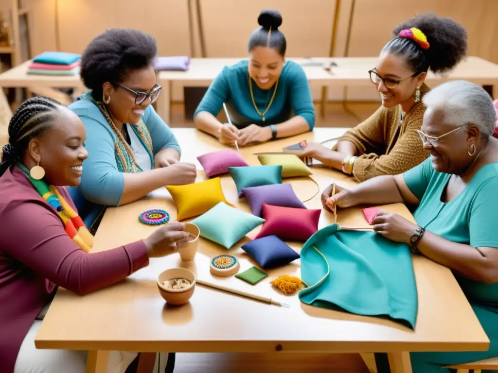 Grupo diverso en mesa de artesanía digital, fomentando la representatividad e inclusión en la creación de piezas vibrantes y complejas