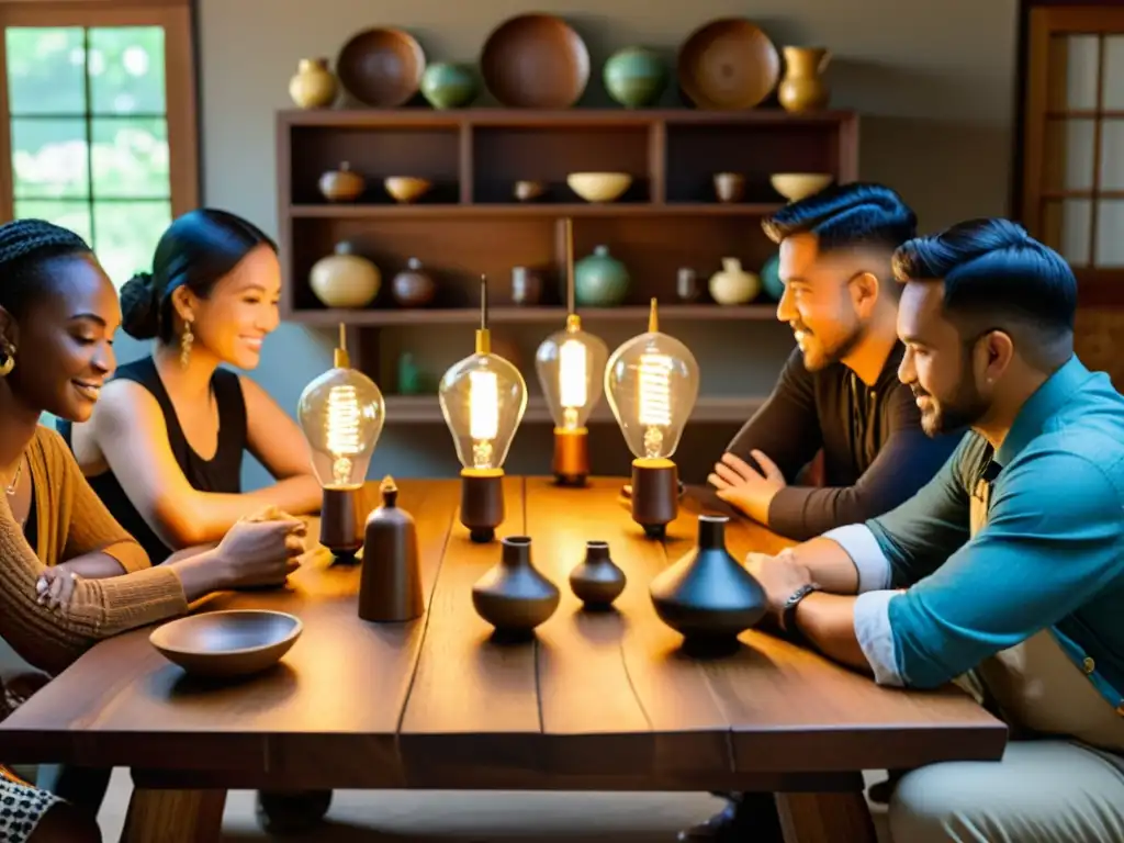 Un grupo diverso colabora alrededor de una mesa de madera, iluminados por cálidas bombillas vintage