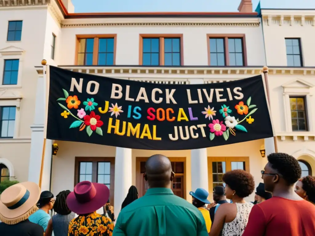 Un grupo diverso sostiene pancartas bordadas con mensajes de justicia social frente a un edificio histórico