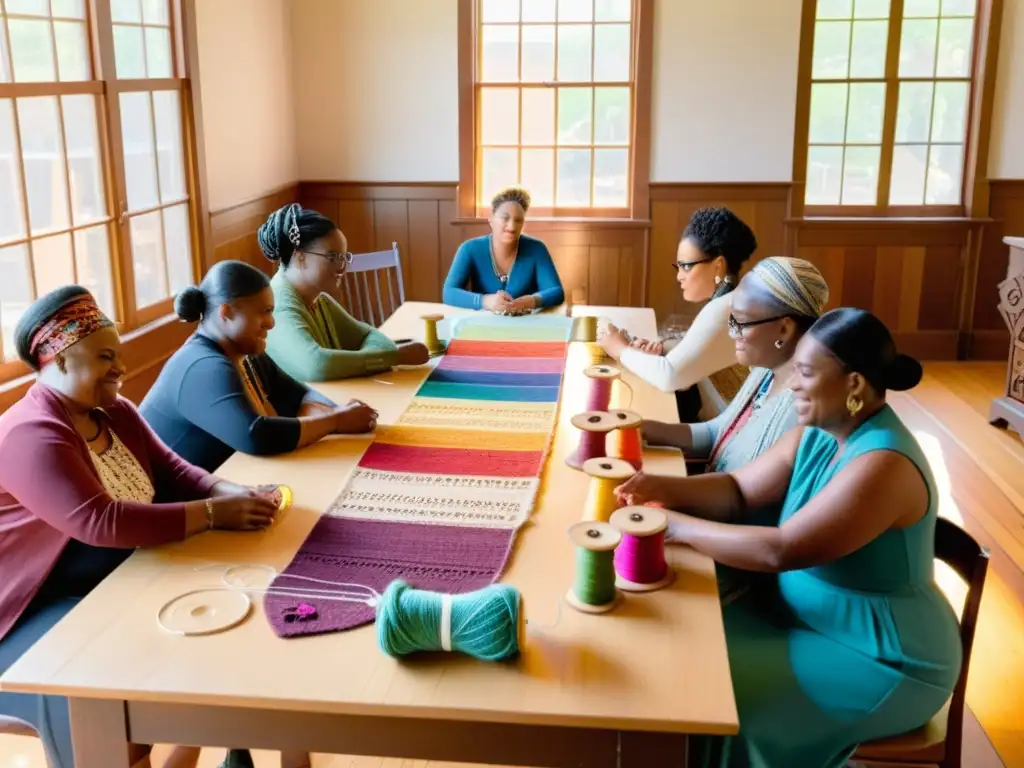 Un grupo diverso de personas se reúne alrededor de una mesa de madera, concentradas en tejer coloridos diseños