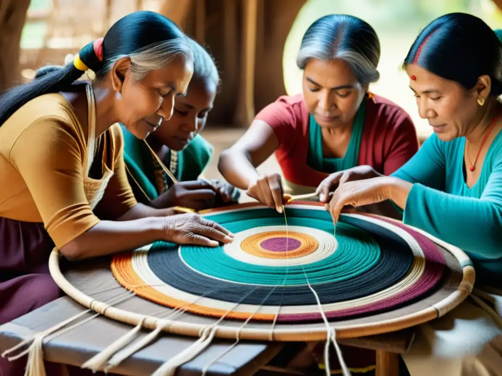 Grupo diverso teje técnicas ancestrales en círculo, transmitiendo sabiduría