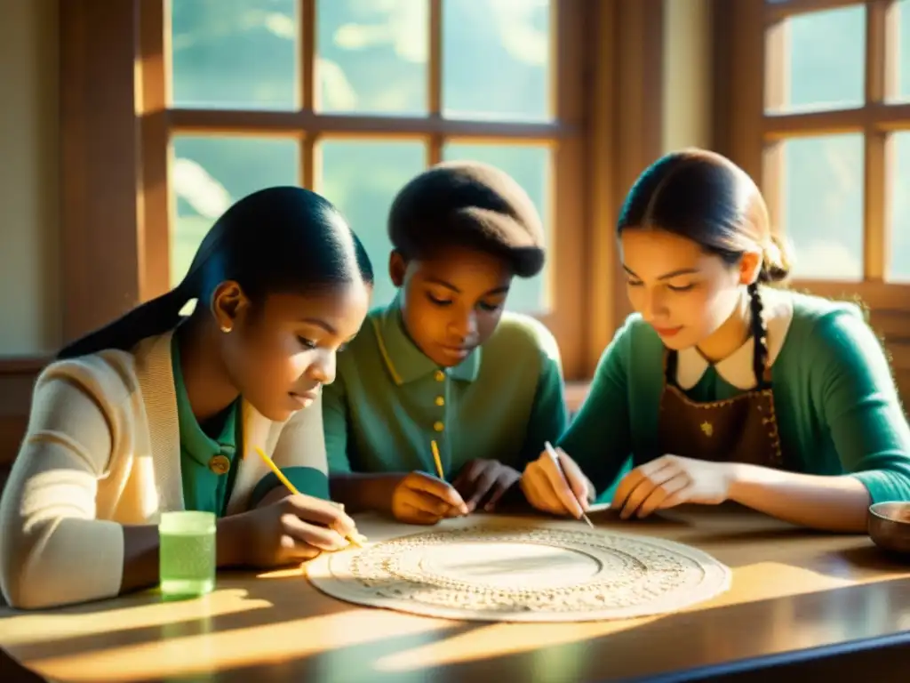 Grupo de estudiantes inmersos en la artesanía digital en educación juvenil, creando con concentración en un ambiente cálido y nostálgico