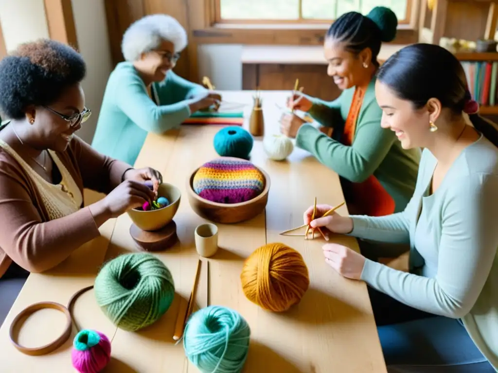 Grupo de diferentes generaciones aprendiendo artesanía digital en un ambiente cálido y colaborativo