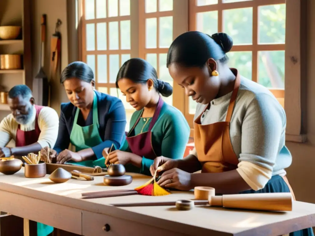 Un grupo de habilidosos artesanos de una comunidad tradicional trabajando juntos en artesanías hechas a mano, rodeados de coloridos materiales y herramientas