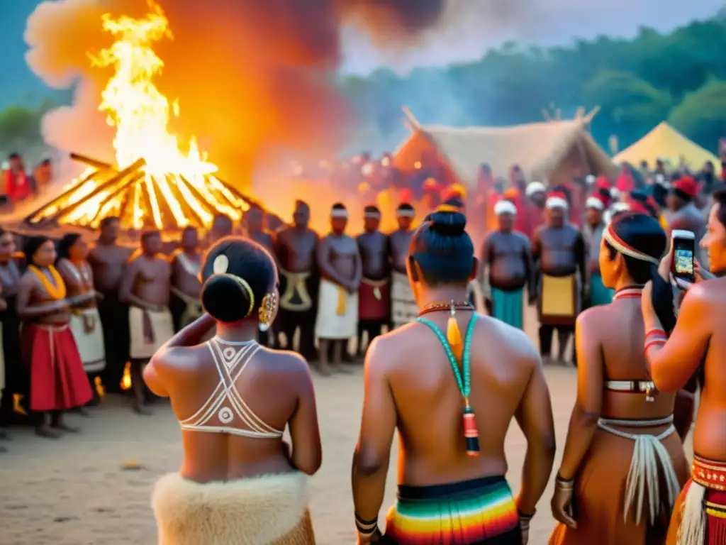 Grupo indígena celebra festividades con atuendos tradicionales y redes sociales, en danza alrededor de una fogata