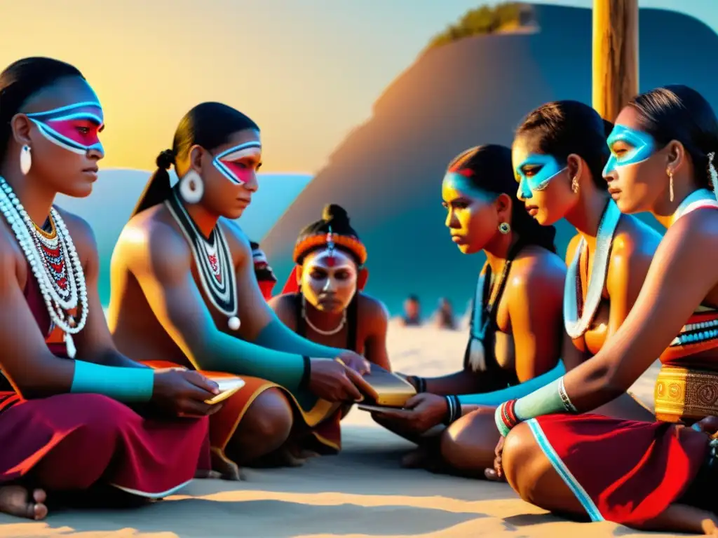 Grupo de indígenas en ritual con atuendos tradicionales y tecnología moderna, fusionando festividades indígenas y redes sociales