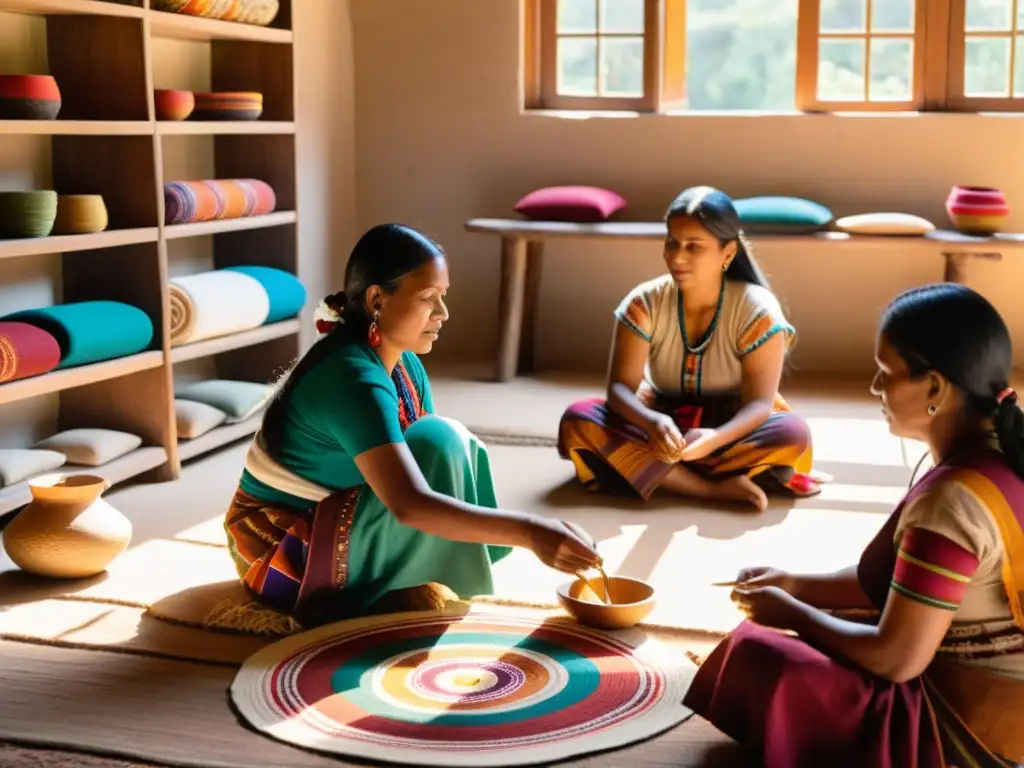 Grupo de mujeres indígenas tejiendo artesanía tradicional empoderamiento social en ambiente cálido y nostálgico