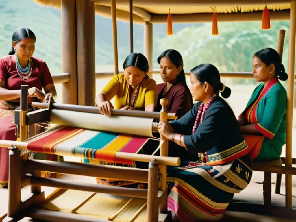 Un grupo de mujeres indígenas teje prendas coloridas en un telar de madera