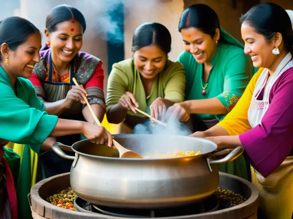 Un grupo de mujeres locales preparando platos tradicionales en la gastronomía, compartiendo técnicas culinarias y creando comunidad