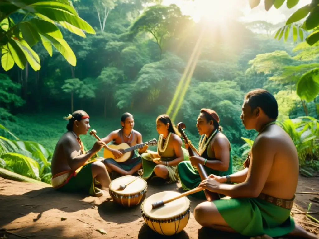 Grupo de músicos indígenas tocando instrumentos tradicionales en un exuberante bosque, preservación música indígena en plataformas digitales