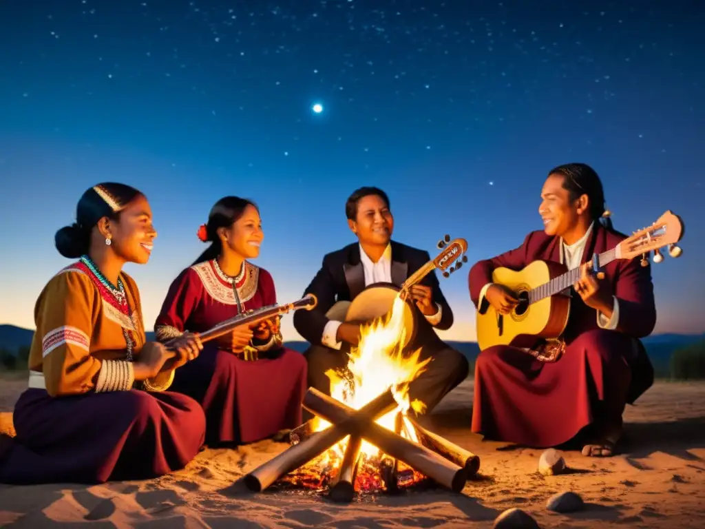 Grupo de músicos indígenas tocando instrumentos alrededor de una fogata bajo un cielo estrellado