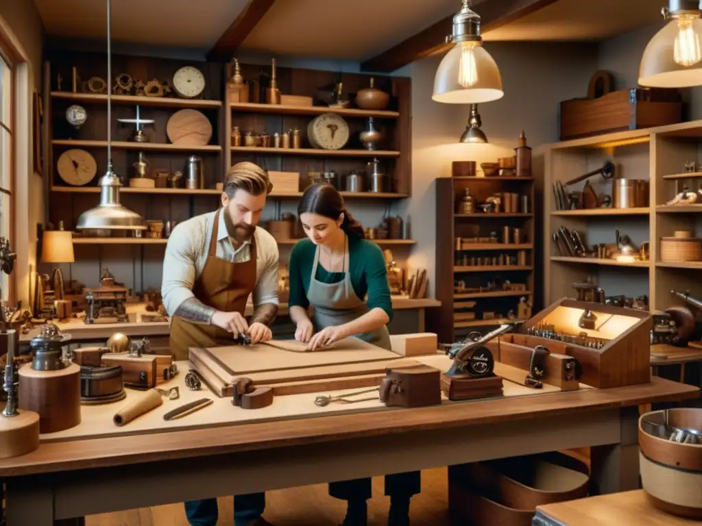 Un grupo de personas trabajando juntas en un espacio creativo vintage, rodeado de herramientas de carpintería y materiales de artesanía