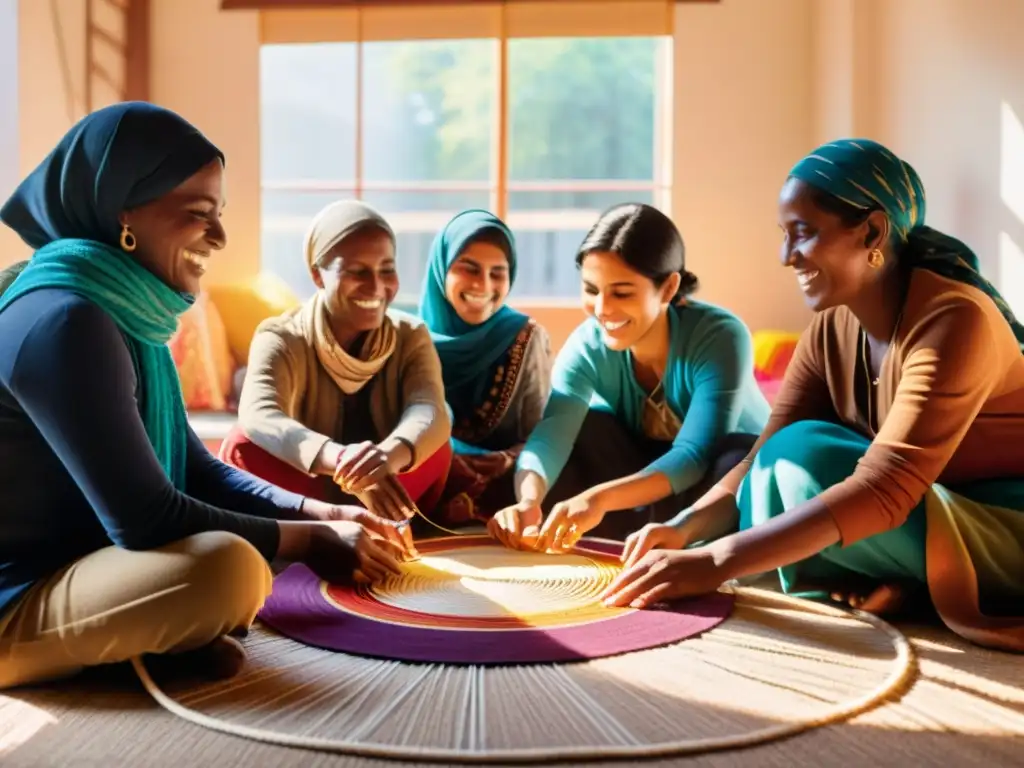 Un grupo de refugiados teje en círculo con coloridos telares digitales, riendo y conversando mientras crean textiles