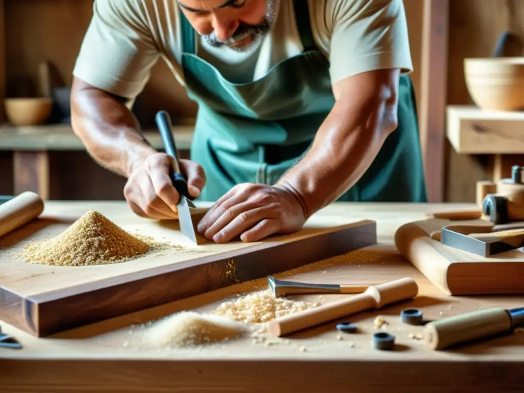 Un hábil carpintero artesanal talla diseños en una mesa de madera con herramientas tradicionales, rodeado de serrín