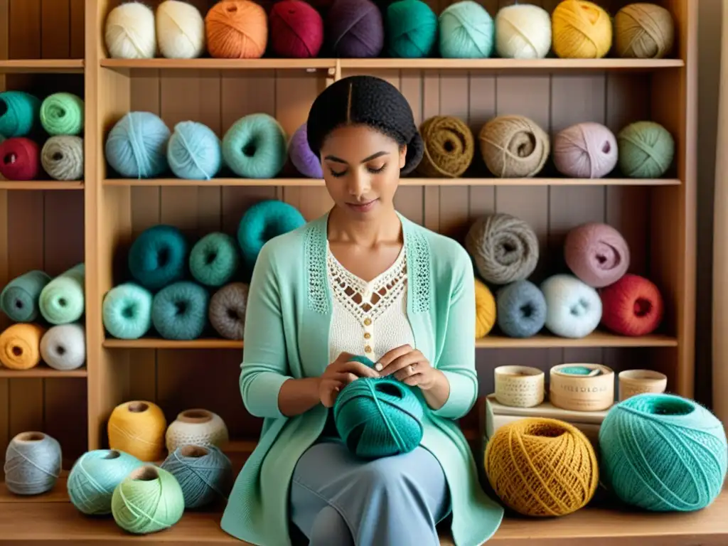 Un hábil artesano teje en un acogedor y cálido espacio, rodeado de hilos y suministros de crochet