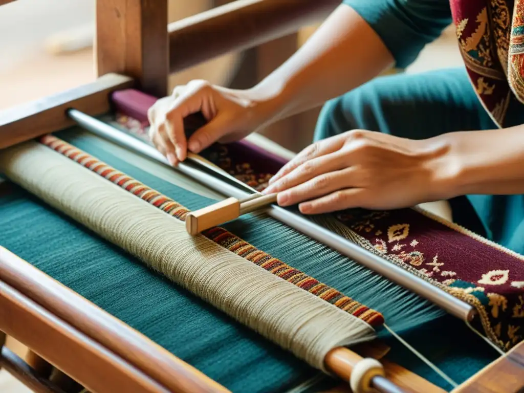 Un hábil artesano teje una alfombra persa tradicional en un telar de madera, con colores vibrantes y patrones intrincados tomando forma en la tela