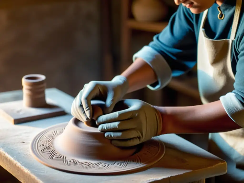 Un hábil artesano moldea arcilla, creando una impresión 3D artesanal con tonos terrosos y luz cálida