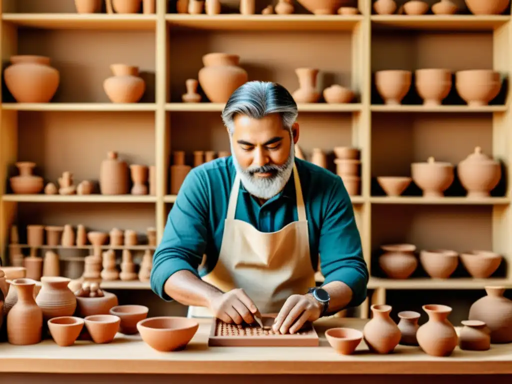 Un hábil artesano modela arcilla con una impresora 3D en un taller artesanal, combinando tradición y tecnología