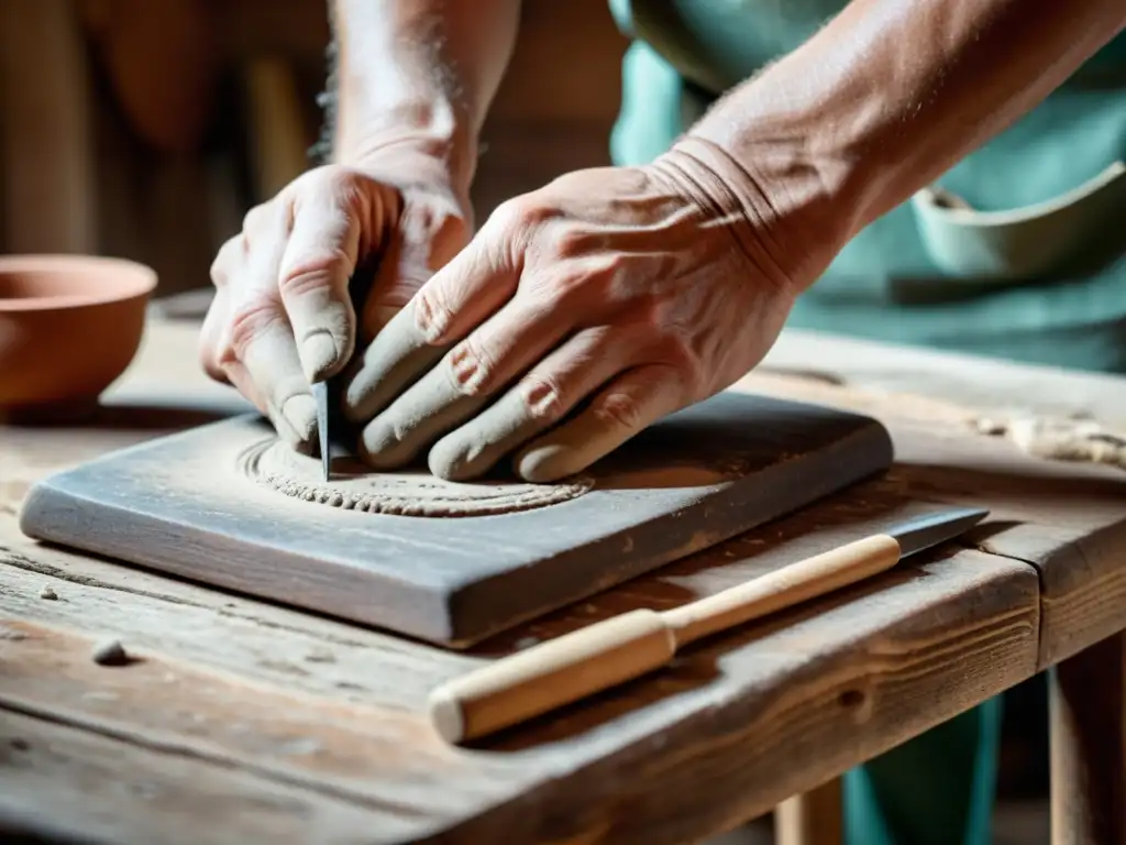 Un hábil artesano moldea arcilla en una mesa de madera, adaptando enseñanza artesanal al formato digital con calidez y nostalgia