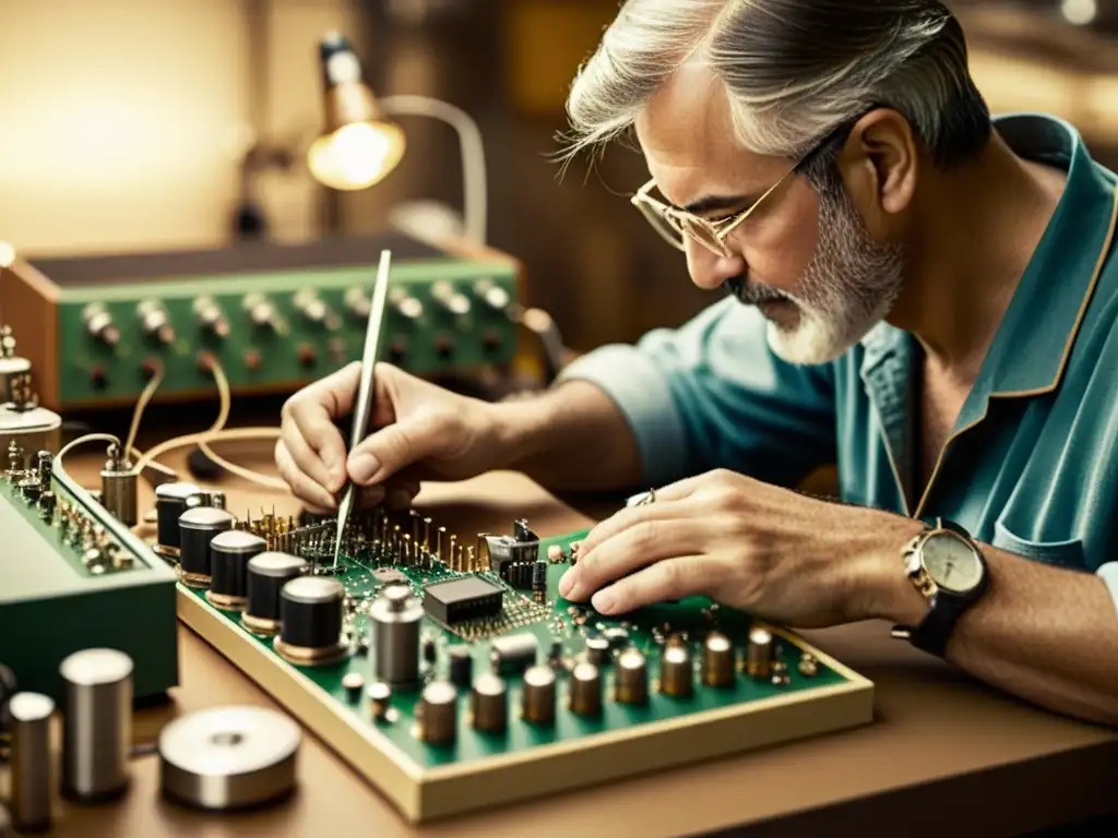 Un hábil artesano crea arte artesanal con componentes electrónicos reciclados en una fotografía vintage de alta resolución