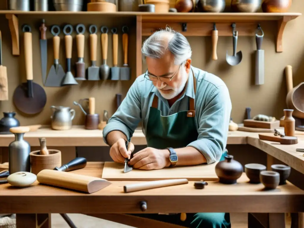 Un hábil artesano crea artesanía tradicional en un banco de trabajo de madera, rodeado de herramientas y materiales vintage