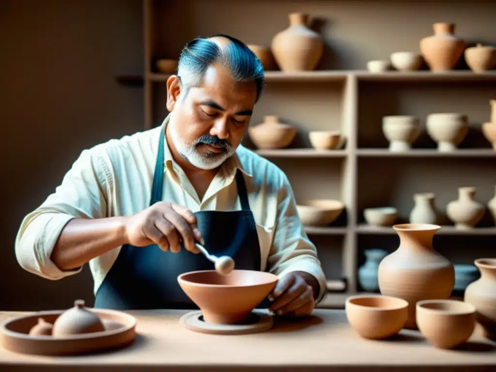 Un hábil artesano fusiona la artesanía tradicional con la era digital mientras crea una hermosa pieza de cerámica