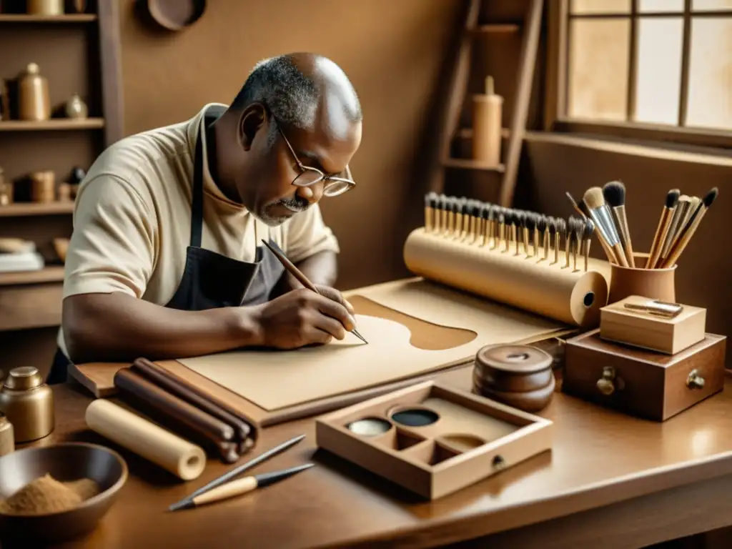 Un hábil artesano mezcla la artesanía tradicional con el arte digital, en una imagen nostálgica en tonos sepia