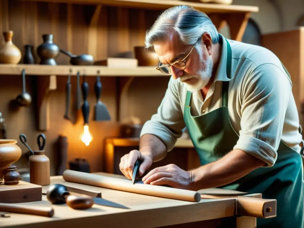 Un hábil artesano trabaja meticulosamente en su banco de trabajo de madera, creando una pieza tradicional