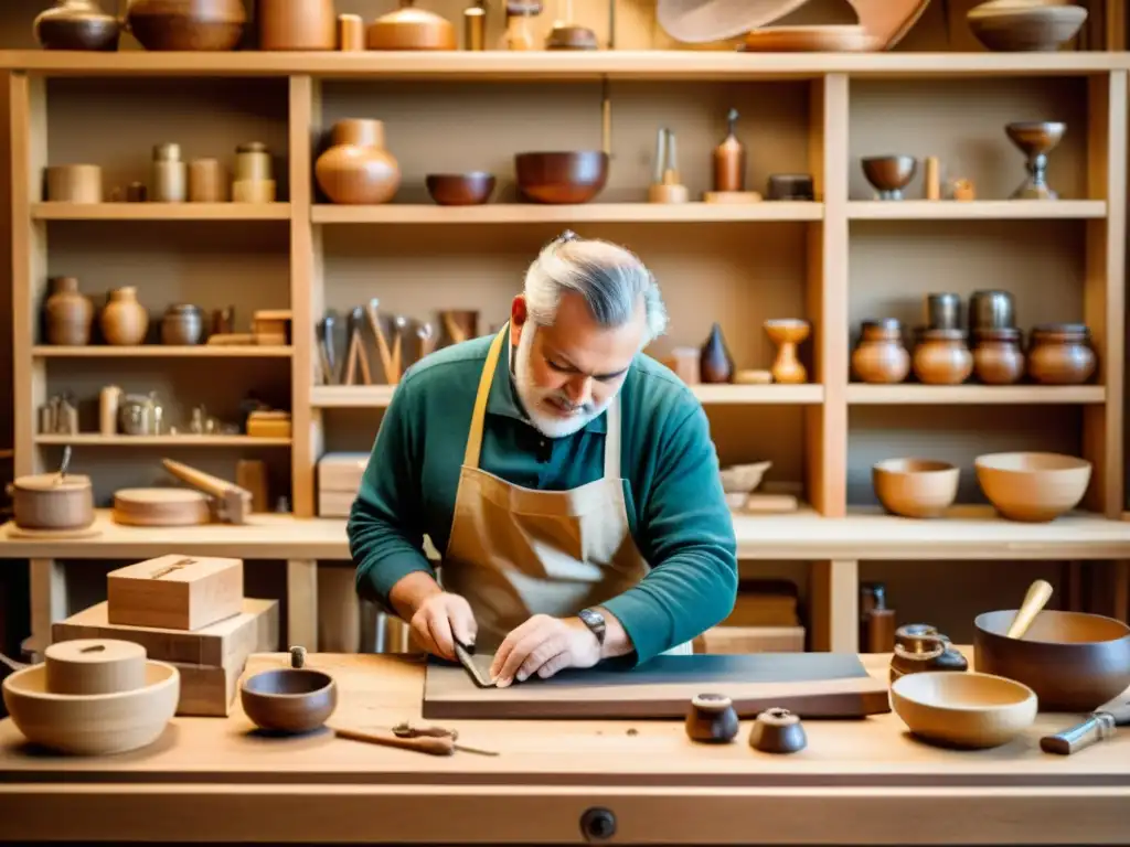 Un hábil artesano trabaja en un banco de trabajo de madera rodeado de herramientas tradicionales y artesanías hechas a mano