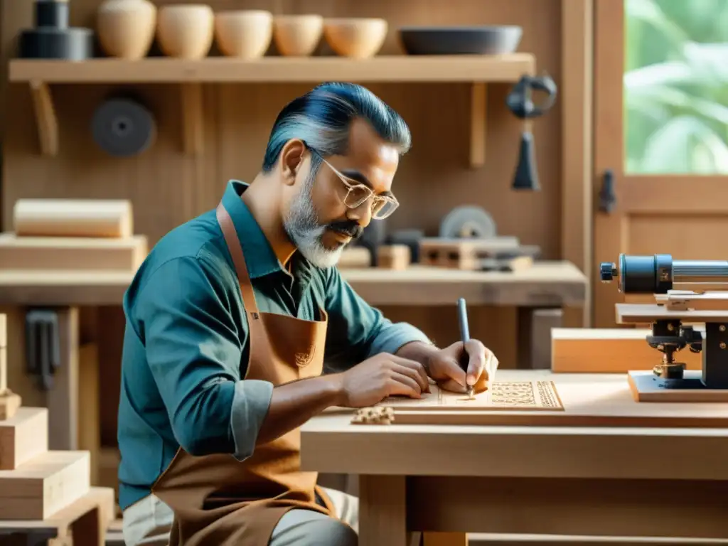 Un hábil artesano talla con precisión en un banco de trabajo de madera, rodeado de herramientas digitales