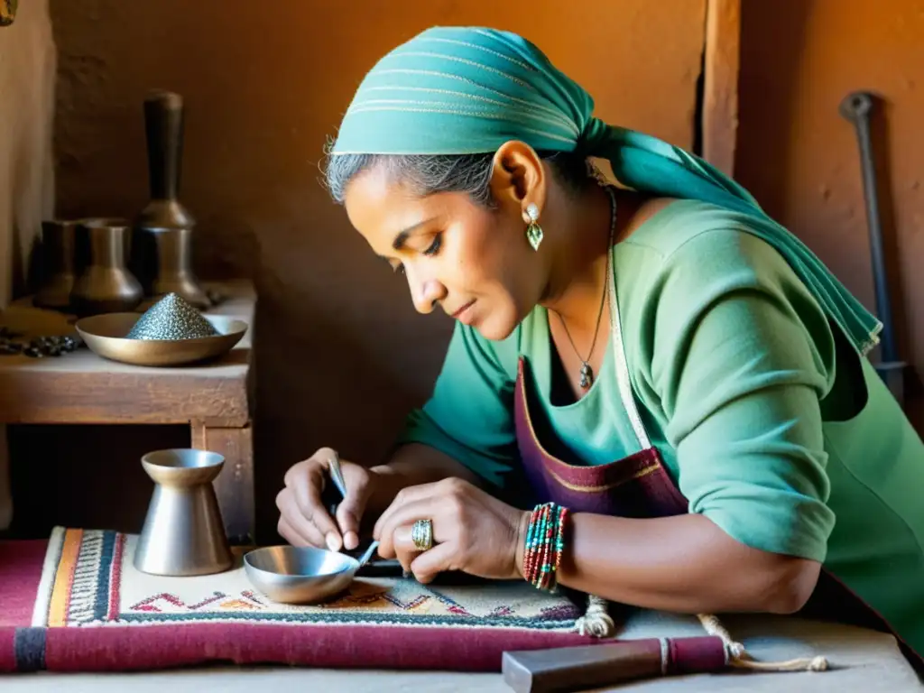 Un hábil artesano bereber elabora joyería de plata en un taller tradicional, evocando la artesanía de la platería bereber artesanal online