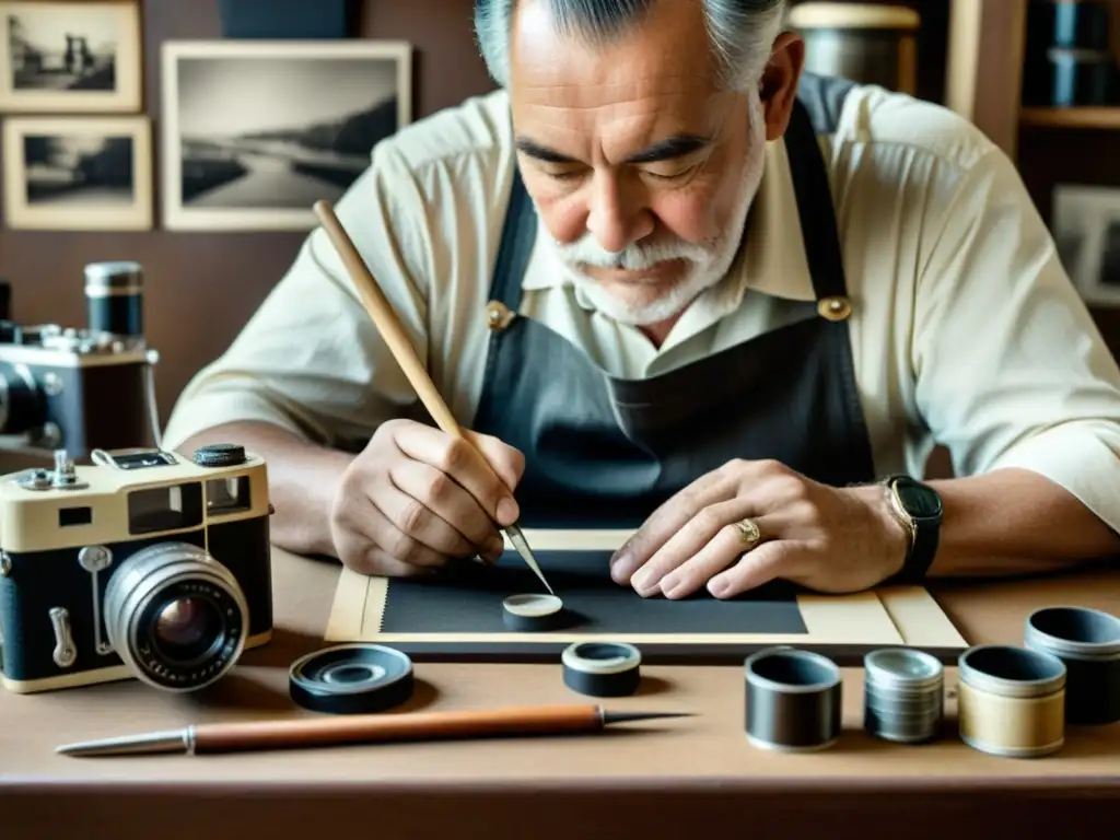 Un hábil artesano retocando una fotografía en blanco y negro rodeado de equipo fotográfico vintage, evocando una sensación de artesanía atemporal