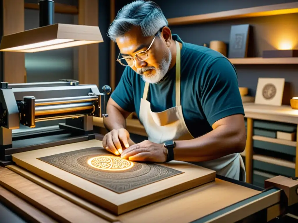 Un hábil artesano talla un bloque de madera para grabado digital, rodeado de prensas y grabados antiguos