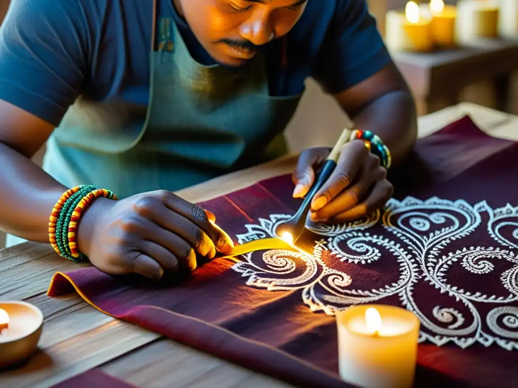 Un hábil artesano aplica cera caliente a una tela con una herramienta tradicional tjanting