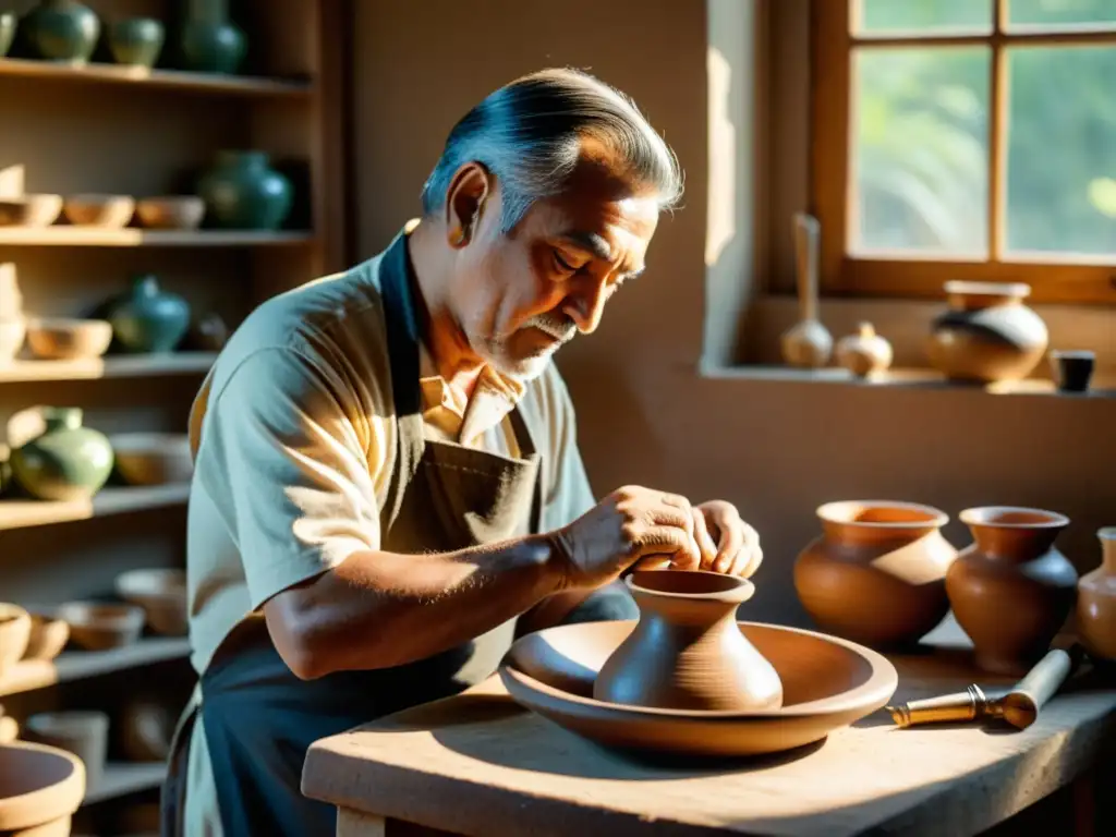 Un hábil artesano crea cerámica tradicional rodeado de herramientas antiguas, con luz natural que realza su dedicación y tradición en la era digital