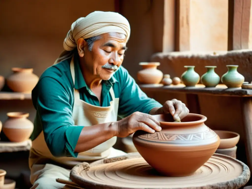 Un hábil artesano crea cerámica tradicional en un taller rústico, evocando la herencia cultural