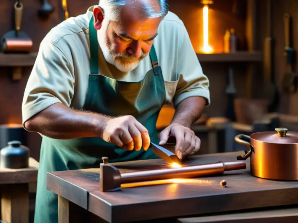 Un hábil artesano trabaja el cobre con técnicas tradicionales, rodeado de herramientas en un taller cálido y acogedor